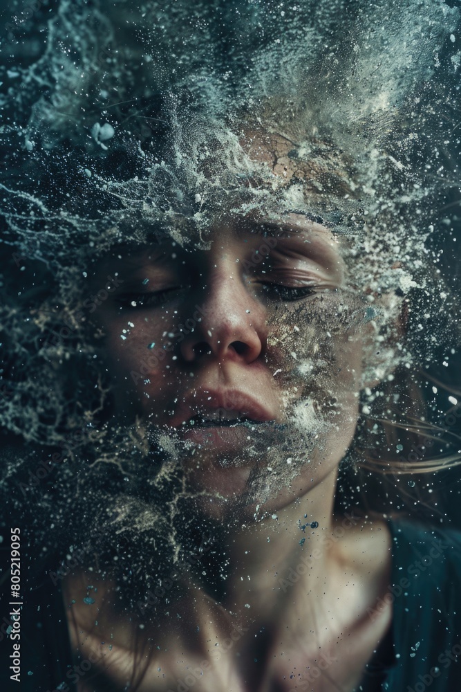 A woman with her face covered in water, perfect for beauty and skincare concepts