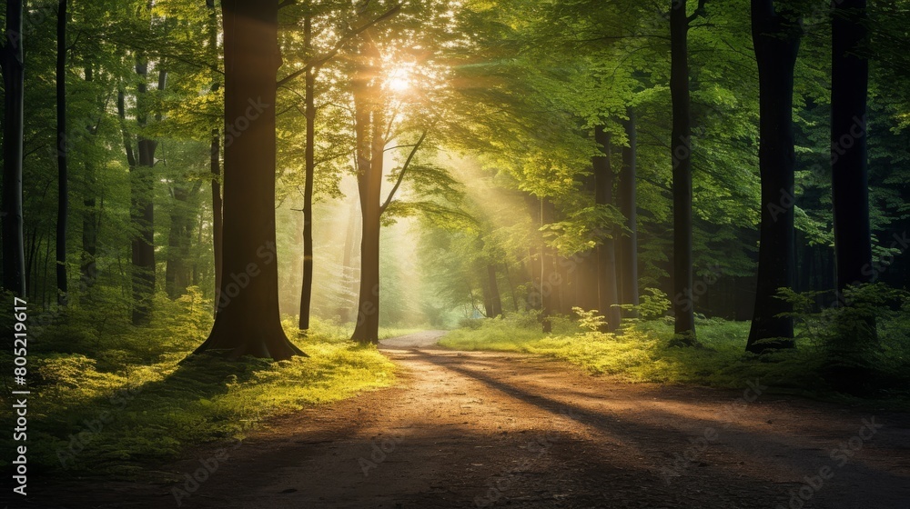 Magical summer scenery in a dreamy forest, with rays of sunlight beautifully illuminating the wafts of mist and painting stunning colors into the trees. High quality photo