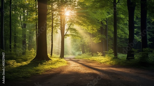 Magical summer scenery in a dreamy forest, with rays of sunlight beautifully illuminating the wafts of mist and painting stunning colors into the trees. High quality photo © AminaDesign