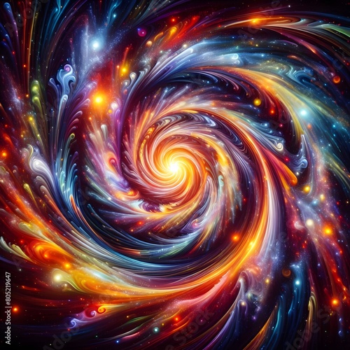 Radiant Whirl showcasing abstract colorful shapes pulsating and shimmering in a cosmic display