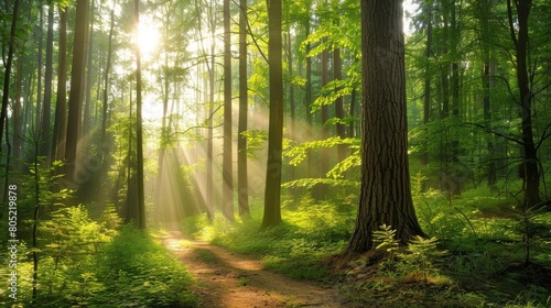 Magical summer scenery in a dreamy forest, with rays of sunlight beautifully illuminating the wafts of mist and painting stunning colors into the trees. High quality photo