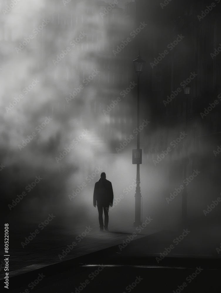Early morning on a quiet, winding country road, shrouded in dense, white fog, with fields and sparse trees barely visible, creating a mysterious and solitary atmosphere Early morning on a quiet, winding country road, shrouded in dense, white fog, with fields and sparse trees barely visible, creating a mysterious and solitary atmosphere
