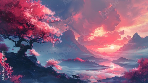A breathtaking digital artwork of a vibrant red tree standing on a cliff with a backdrop of misty mountains and a sunset sky, Digital art style, illustration painting.