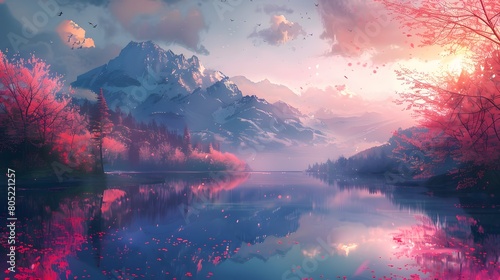 This digital painting captures a tranquil mountain lake under a pink sunset, surrounded by flowering trees and snowy peaks, Digital art style, illustration painting. photo