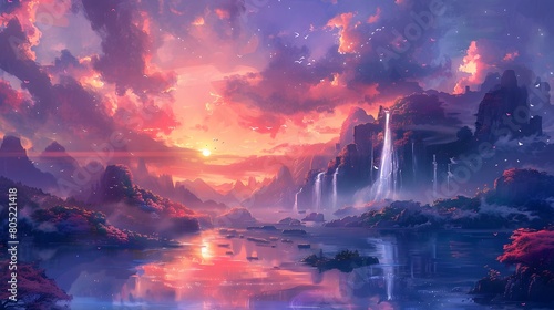 This digital painting captures a tranquil mountain lake under a pink sunset  surrounded by flowering trees and snowy peaks  Digital art style  illustration painting.