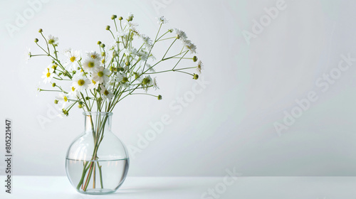 Beautiful glass vase with flowers on white background