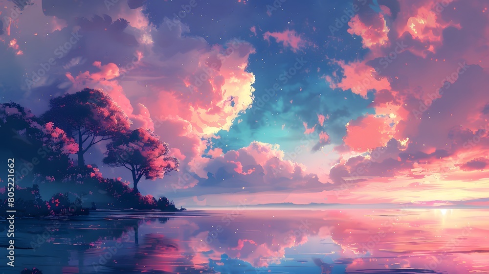 A breathtaking digital artwork of a vibrant red tree standing on a cliff with a backdrop of misty mountains and a sunset sky, Digital art style, illustration painting. A breathtaking digital artwork of a vibrant red tree standing on a cliff with a backdrop of misty mountains and a sunset sky, Digital art style, illustration painting.
