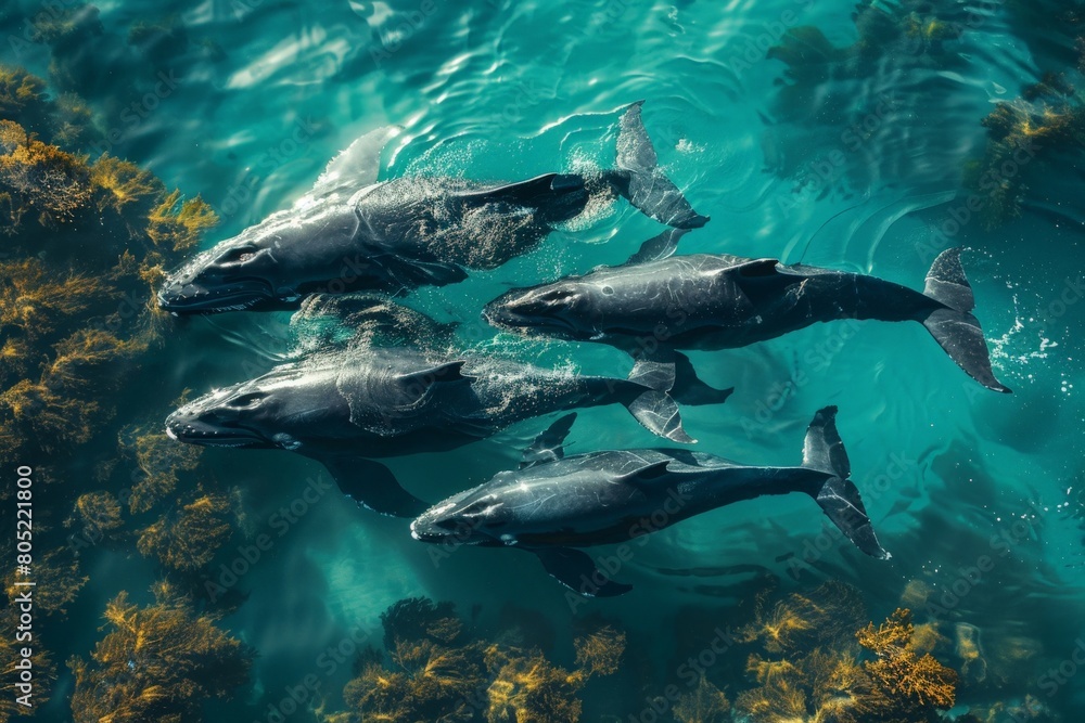 Obraz premium A serene underwater scene showcasing a close grouping of humpback whales gliding through seaweed