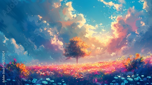 A stunning digital painting showcasing a lone tree amidst a vast field of colorful wildflowers under a dynamic sunset sky, Digital art style, illustration painting.