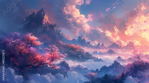 Captivating digital art of a surreal sunset casting vibrant pink and blue hues over a serene, mystical lake landscape, Digital art style, illustration painting.