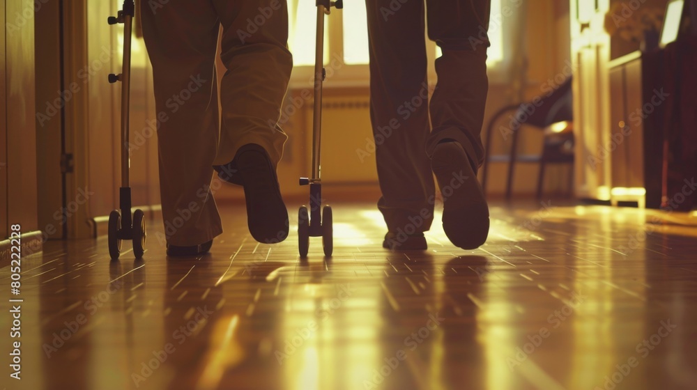 Caregiver helping an elderly person to walk indoor