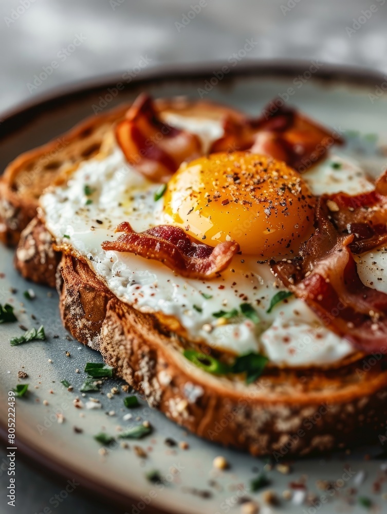 Delicious breakfast plate with bacon and eggs, perfect for food blogs or restaurant menus Delicious breakfast plate with bacon and eggs, perfect for food blogs or restaurant menus
