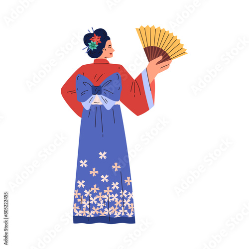 Vector image of a Japanese woman with a fan in her hands with a kimono