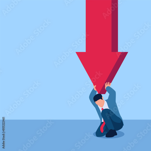 Man sitting holding an arrow from above pressing on him, illustration under pressure.