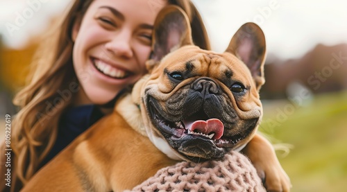 Joyful Woman Embracing Adorable French Bulldog Outdoors on Sunny Day