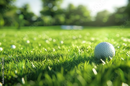 A golf ball resting on a vibrant green field, perfect for sports and leisure concepts