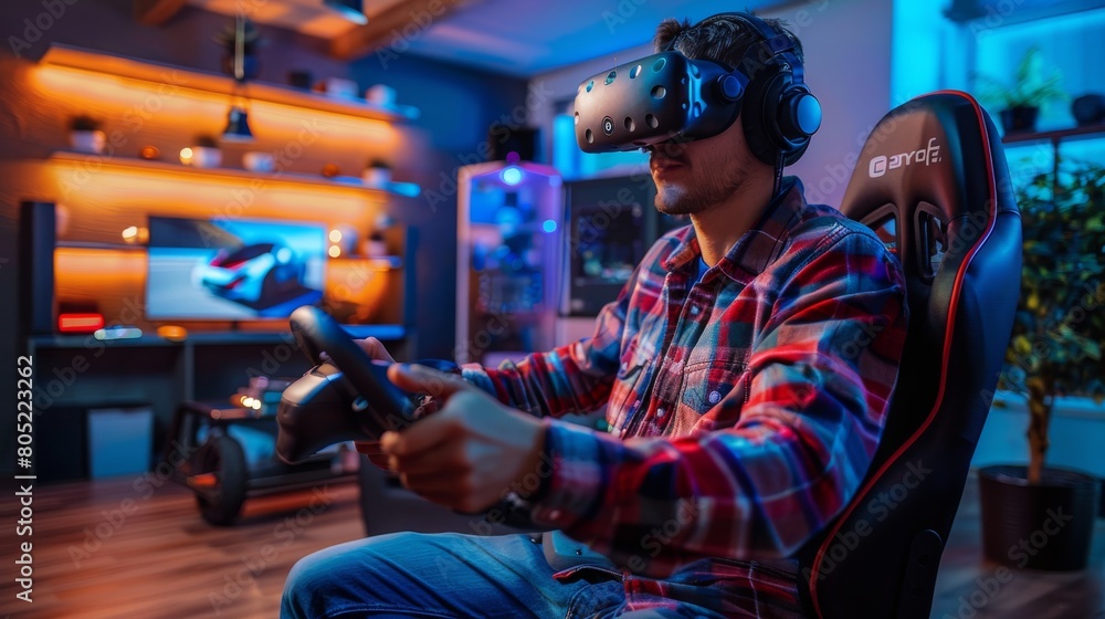 Room with A gamer with a headset playing car racing with a steering wheel controller. Room with A gamer with a headset playing car racing with a steering wheel controller.