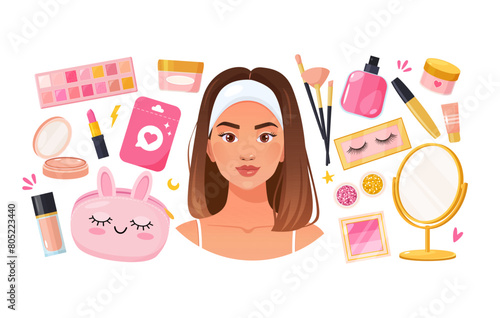 Beautiful woman face with decorative cosmetics and different accessories for makeup.
