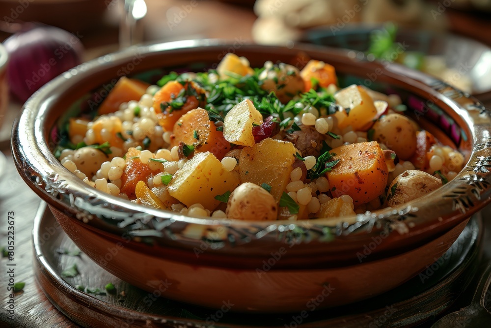 dish of stewed potatoes with chickpeas and herbs close-up shot dish of stewed potatoes with chickpeas and herbs close-up shot