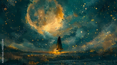 Enchanting digital artwork of a girl standing on water, surrounded by glowing floating lanterns under a magnificent full moon in a mystical setting, Digital art style, illustration painting. photo