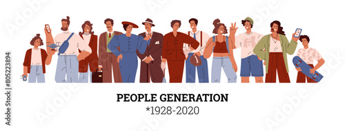 People generations 1928-2020 vector illustration, characters of Silent, Baby Boomers, X, Y, Z alpha social development