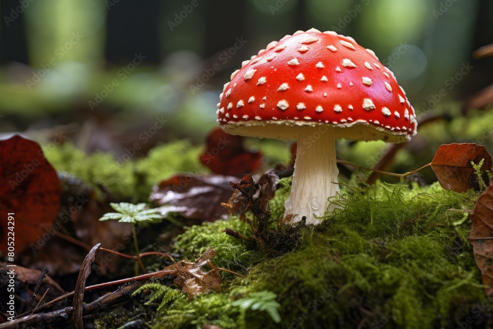 Lethal Red toadstool mushroom danger. Season moss. Generate Ai Lethal Red toadstool mushroom danger. Season moss. Generate Ai