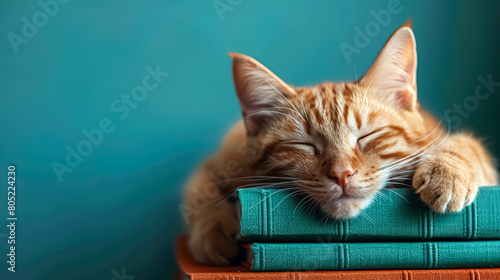 A charming cat peacefully slumbering atop a stack of books, exuding coziness and tranquility. photo