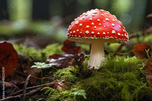 Lethal Red toadstool mushroom danger. Season moss. Generate Ai
