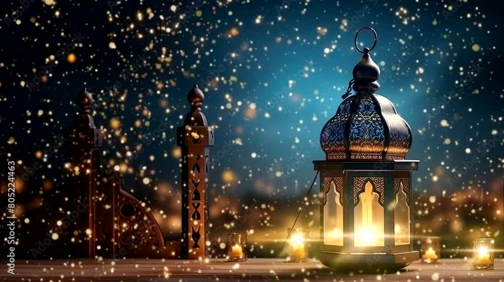Islamic background with a hang lantern, with copy space for text, design concept of Ramadan Kareem. seamless looping time-lapse virtual 4k video animation background Islamic background with a hang lantern, with copy space for text, design concept of Ramadan Kareem. seamless looping time-lapse virtual 4k video animation background