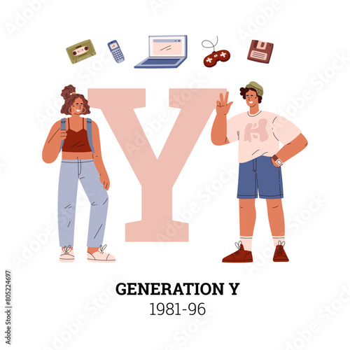 People Generation Y 1981-96 or Millennial social development vector information typographic poster, teenagers and symbol