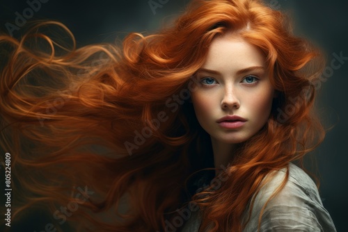 Flashy Red hair street. Fashion model face. Generate Ai