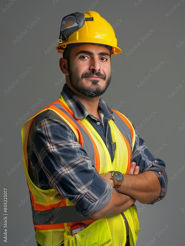 Photo of a handsome 30 years old construction worker with yellow helmet and yellow vest clean and new clothes white background atural lighting. Photo of a handsome 30 years old construction worker with yellow helmet and yellow vest clean and new clothes white background atural lighting.