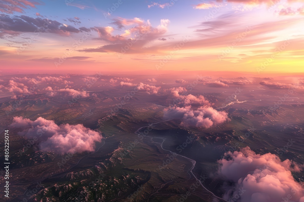 A 3D render of an aerial view captures clouds over the valley at dusk, with hues of pink and orange, Sharpen Landscape background
