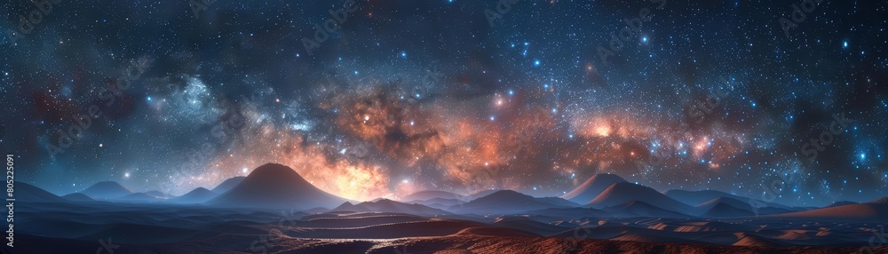 A 3D render of the milky way galaxy arcs brilliantly over a surreal desert landscape at night, Sharpen Landscape background