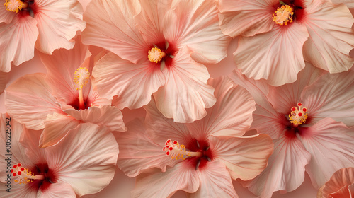 Delicately poised against a serene backdrop  hibiscus flowers evoke a sense of softness and tranquility in their natural elegance.