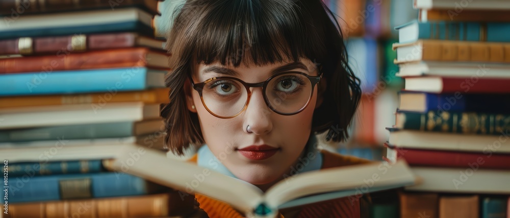 A charismatic closeup portrait of a librarian organizing books, her love for literature apparent, half body colorful strange bizarre sharpen blur background with copy space A charismatic closeup portrait of a librarian organizing books, her love for literature apparent, half body colorful strange bizarre sharpen blur background with copy space