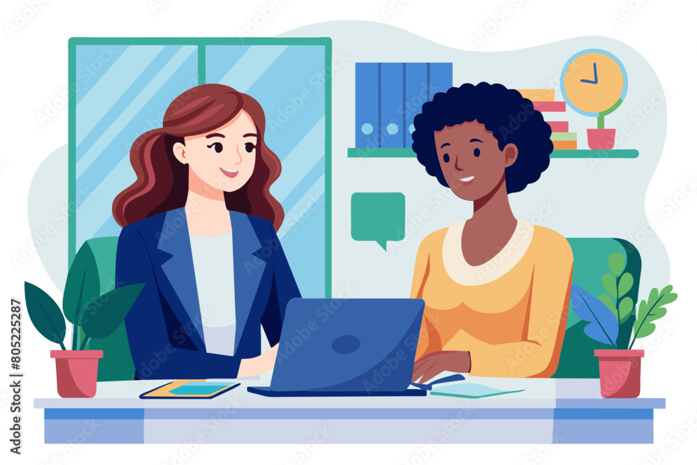 Two business women sit at desk discuss project details diverse female colleagues met in office share opinion working on collaborative task sales manager makes commercial offer to company client Two business women sit at desk discuss project details diverse female colleagues met in office share opinion working on collaborative task sales manager makes commercial offer to company client