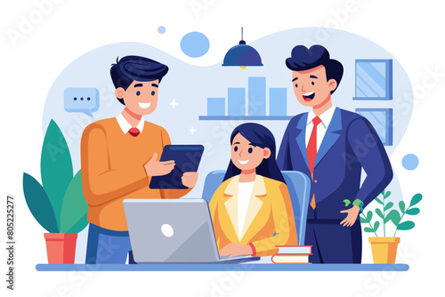 Inspired young Indian entrepreneur man talking to business partner consulting financial specialist legal expert at office workplace Project manager explaining job task to colleague modern flat design