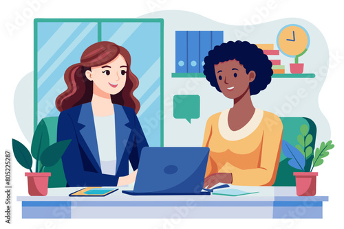 Two business women sit at desk discuss project details diverse female colleagues met in office share opinion working on collaborative task sales manager makes commercial offer to company client