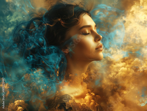 A stunning woman emerges from ethereal yellow and blue smoke  embodying the duality of fire and ice in a transcendental dreamscape.