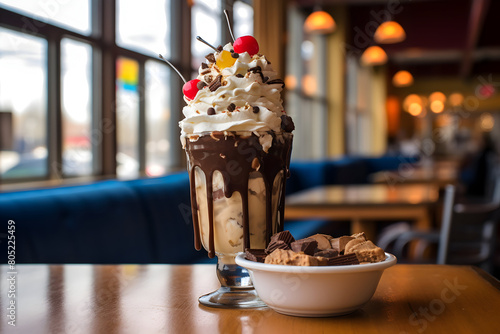 Chocolate milkshake with whipped cream and cherry in a glass