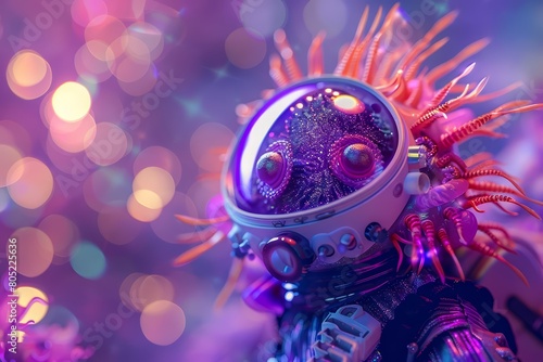 A closeup halfbody of a charismatic echinoderm styled as an astronaut floats before a cosmic purple background, colorful strange bizarre sharpen blur background with copy space photo