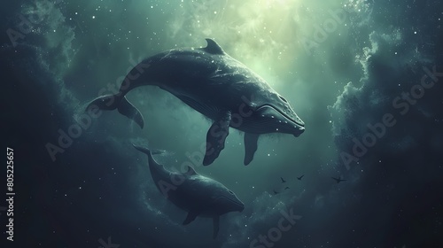 This breathtaking digital artwork captures humpback whales gracefully swimming through a celestial ocean  surrounded by a constellation of stars and cosmic clouds.