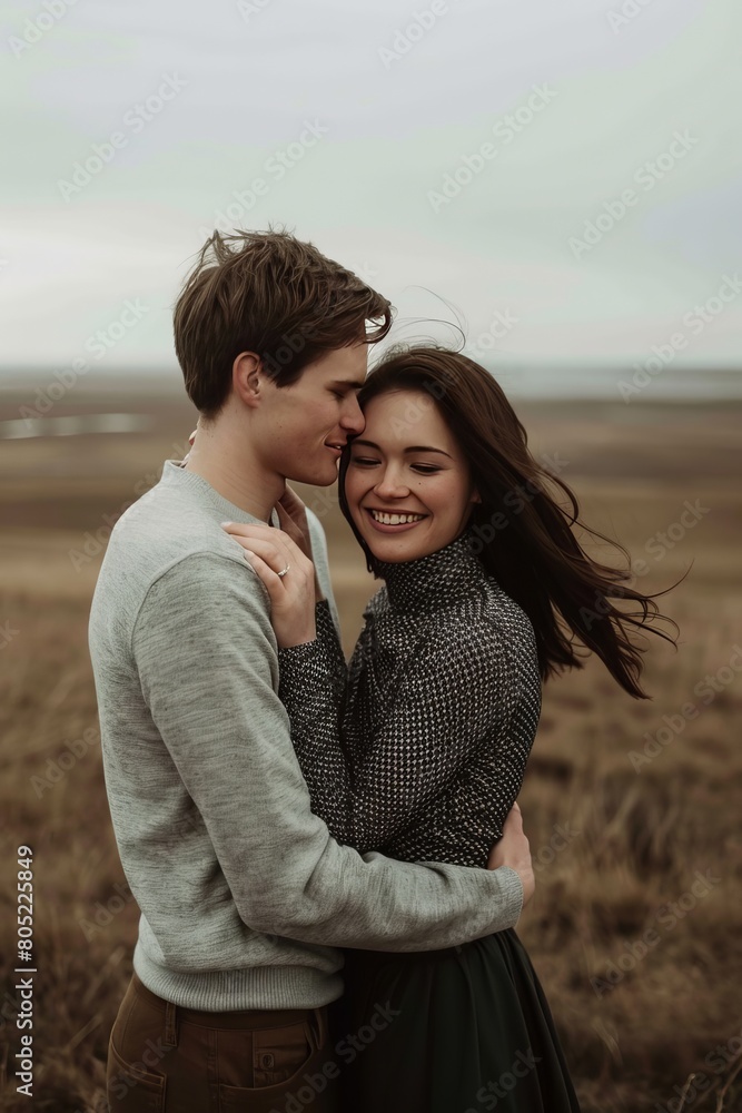 A photo of an engaged couple in the middle distance, standing on open field at natural light. A photo of an engaged couple in the middle distance, standing on open field at natural light.