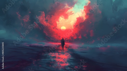 A lone figure stands in a vast landscape, enveloped by a dramatic and surreal crimson sky reflecting on water below, Digital art style, illustration painting.