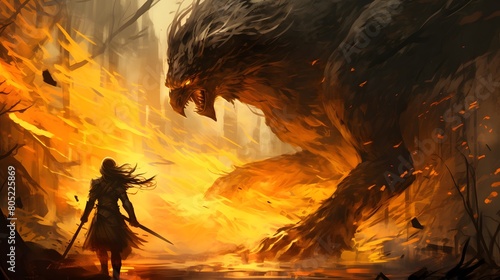 A lone warrior stands defiant against a massive, fiery beast in a dark, foreboding forest setting, Digital art style, illustration painting.