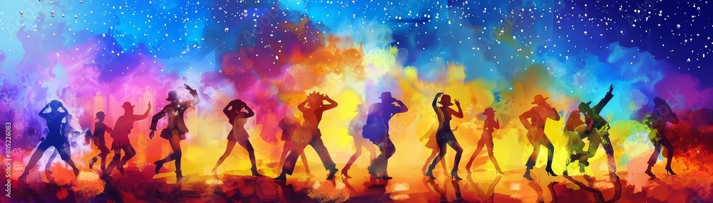 A cyber watercolor painting of an unco dance troupe performing in neonlit costumes under a bizarre