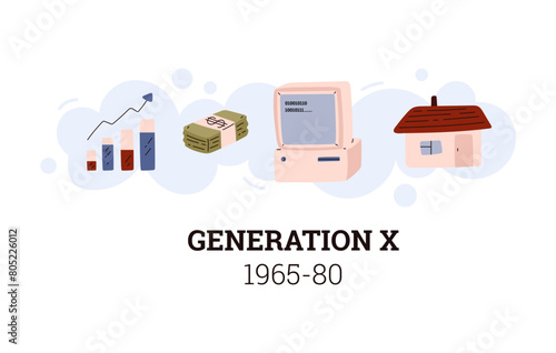 People Generation X 1965-80 social development information flat poster, balance between home family, hobby and work icon