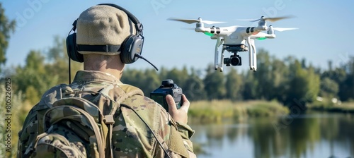 Soldier in military attire with headset and goggles attentively monitoring drone aircraft photo