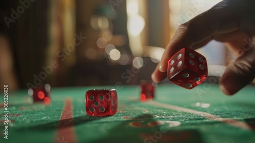 Close-up shot of a hand rolling red dice on a green casino table, depicting the thrill of gambling photo